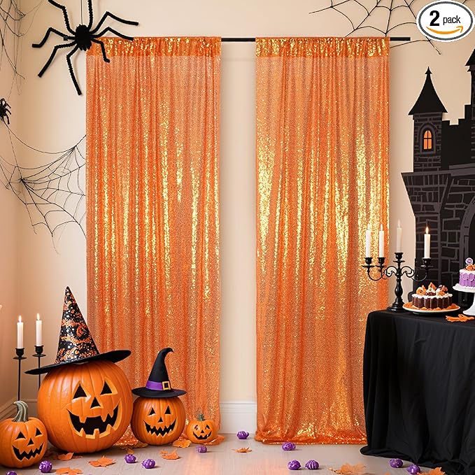 Poise3EHome Orange Sequin Backdrop Curtain, 2 Panels 2FTx8FT Glitter Background for Party Halloween Birthday Party Wedding Christmas Thanksgiving Holiday Festival Decor