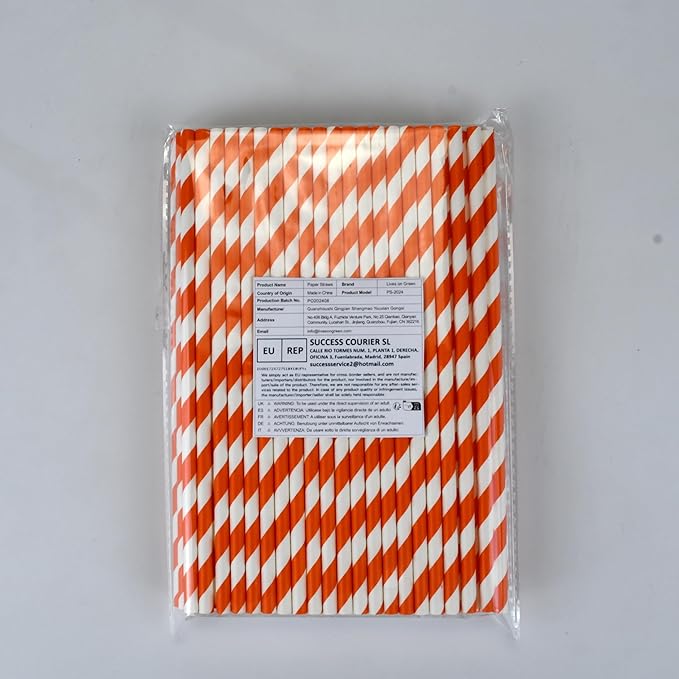 Compostable 7.75 inch Orange White Striped Paper Drinking Straws, 100 Counts - for Cocktail, Juice, Coffee, Bars, Restaurants