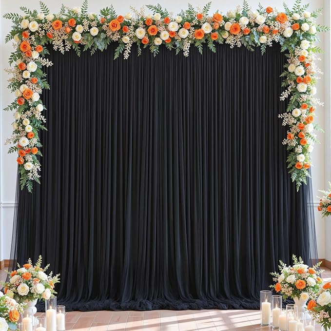 Black Tulle Backdrop Curtain for Parties Wedding,10ft x 10ft Wrinkle Free Curtain Backdrop,2 Layer Drapes for Backdrop,Polyester Wedding Back Drop for Bridal Shower Birthday Baby Shower Photography