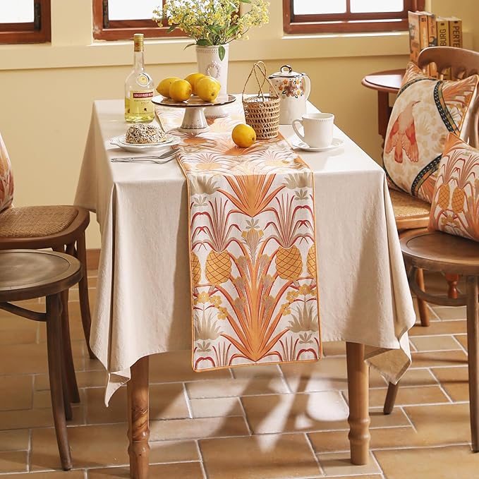 patdrea Designer Tropical Linen Table Runner 71 Inch Long, Yellow Vintage Elegant with Pineapple Pattern Table Mat,Decoration for Kitchen Dining Coffee Table Cover Banquet Christmas , 12"*71"