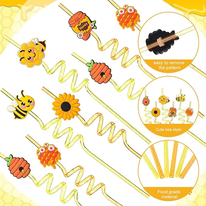 Yungyan 36 Sets Honey Bee Party Favors Goodie Cups with Lids and Straws for Birthday Decorations Reusable 16oz Plastic Candy Cups Plastic Straws for Birthday Party(Bee)
