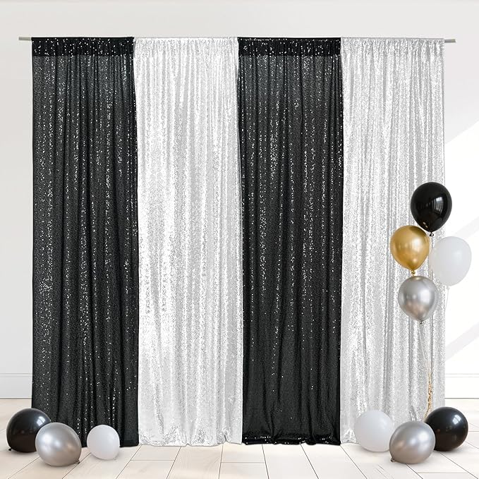 Eternal Beauty Black and Silver Backdrop 4 PCS-2x8 Ft Sequin Curtain Panels for Christmas Party, Birthday