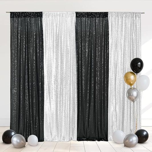 Eternal Beauty Black and Silver Backdrop 4 PCS-2x8 Ft Sequin Curtain Panels for Christmas Party, Birthday
