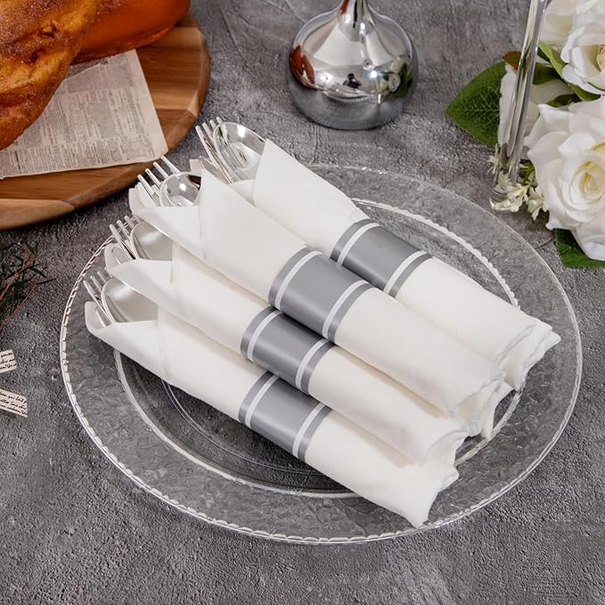 400PCS Pre Rolled Silver Plastic Silverware Sets - Heavy Duty Hammered Silver Cutlery - Include 100 Pack Wrapped Disposable Utensils with Napkins for Parties & Dinners & Weddings