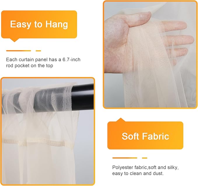 Fomcet Tulle Curtains with Lights String Champagne 20FT X 8FT Sheer Backdrop Curtains for Parties Wedding Baby Shower Photo Shoot Decorations (4 Panels 5 x 8FT)