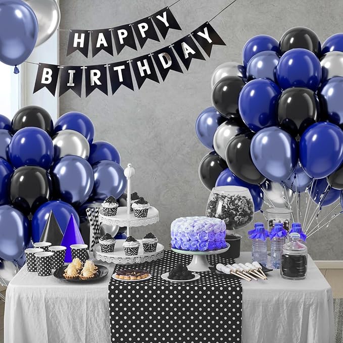 Blue and Black Balloons, 60pcs 12inch Blue Black Metallic Silver Balloons for Graduation New Year Birthday Party Decorations