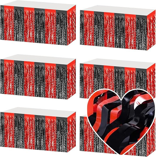 6 Pack 29x108 Inch Black Red Wave Foil Fringe Table Skirts Metallic Banner for Tinsel Streamer Garland Backdrop for Parade Floats Wedding, Mother's Day, Birthday Mardi Gras Party Decorations