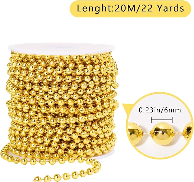 Faux Gold Pearl Beads Garland - 6mm Christmas Tree Beads 22 Yards Spool Pearl String Roll for Wedding Party Christmas Tree Decoration