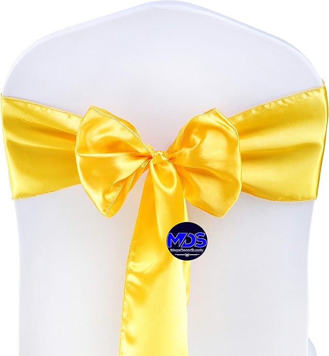 MDS Pack of 125 PCS Satin Chair Sashes Charmeuse Sateen Dining Chair Bows Ribbon Ties Back Sash for Wedding Party Birthday Home Hotel Restaurant Banquet Decoration (7 x 108 Inch, Yellow Gold)
