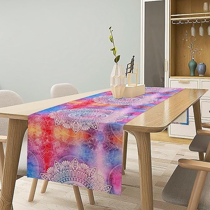 Vintage Mandala Table Runner, Bohemian Indian Purple Starry Colorful Floral Print Table Runner for Home Kitchen Dining Table Party Decor, 13x120inch