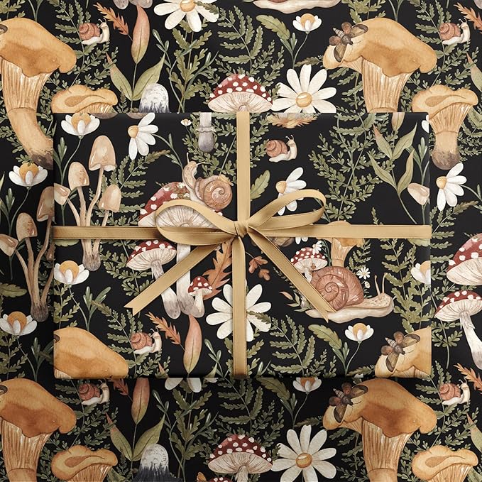 RUSPEPA Forest Mushroom Wrapping Paper Roll, Mini Roll, Woodland Squirrel and Snail Design, Black Nature Gift Wrap for Fall, Birthday, Thanksgiving Party, 17 Inches x 16.4 Feet