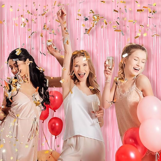 Pastel Pink Metallic Tinsel Foil Fringe Curtains, 2 Pack 3.3x8.3 Feet Streamer Backdrop Curtains for Birthday Party Decorations, Halloween Decor, Foil Curtain Backdrop for Bachelorette Party