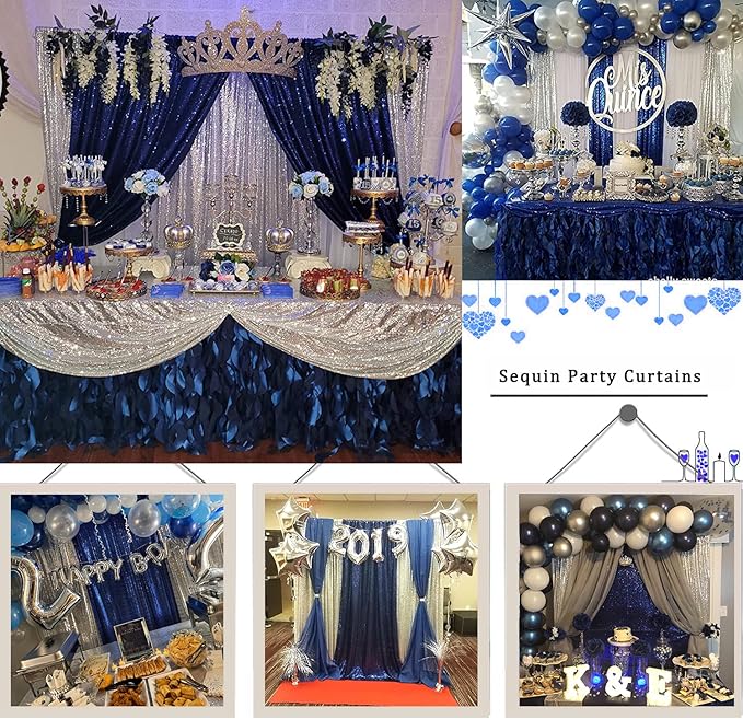 Sequin Backdrop Curtain 4 Panels 2FTx8FT Glitter Background Drapes Silver and Navy Blue Sparkle Photography Backdrop for Party Wedding Birthday Wall Decoration