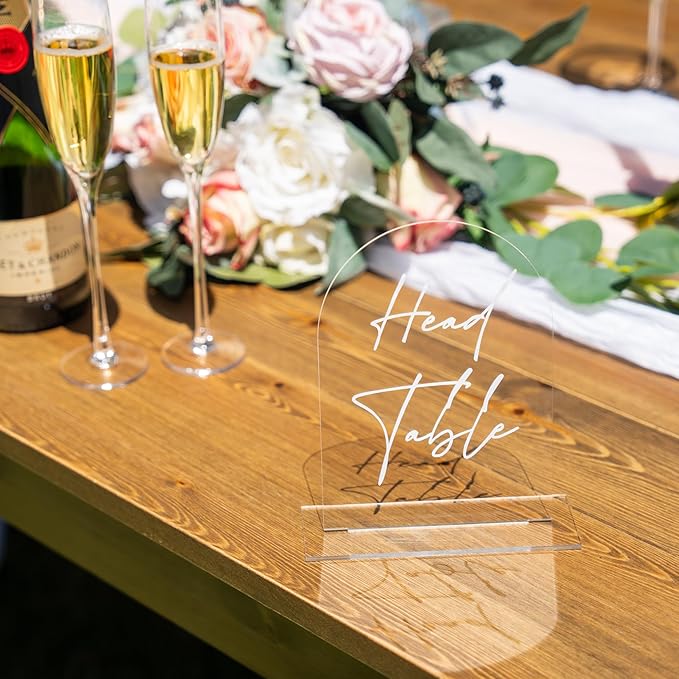 Clear Arch Acrylic Table Numbers for Wedding Reception - 5" x 7" White Font Centerpiece Set with Holder Stands & Head Table Sign - Anniversary, Event, Party, Wedding set 1-10