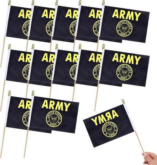 12Pcs Small USA Gold Crest Flags on Wooden Stick Mini Military Flag Hand Held Flag Decorations,5x8 Inch