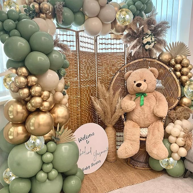Sage Green White Sand Balloon Arch Kit, Green Beige Gold Metallic Balloons Garland Kit with Gold Confetti Balloons for Birthday Wedding Bridal Shower Bachelorette Party Decorations