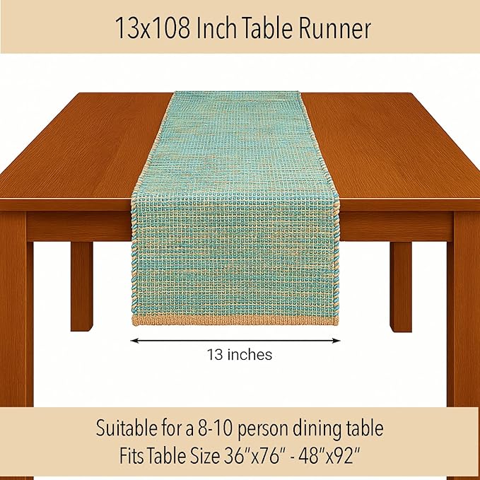 Chardin home Natural Jute Table Runner 13x108 Inch – Vintage Boho Rustic Table Decor – Handwoven Long Table Runner in Natural Jute and Aqua Turquoise – Farmhouse Dining or Console Table Accent
