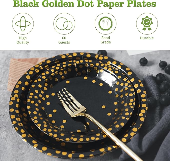 Lullaby 120PCS Black Paper Plates, Black and Gold Paper Plate, 60pcs Dinner Plates 9"，60pcs Dessert Plates 7", Disposable Graduation Plates with Golden Dot for Birthday party, Halloween