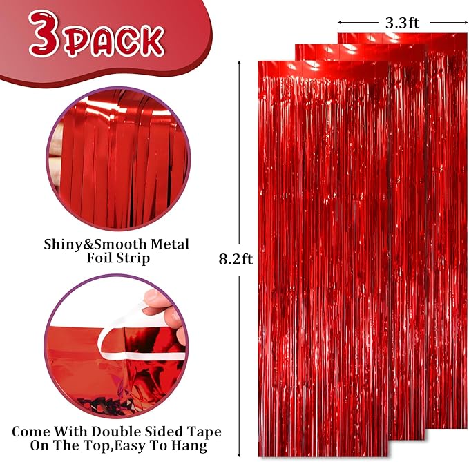 3 Pack 3.3x8.2 Feet Red Foil Fringe Backdrop Curtains, Tinsel Streamers Birthday Party Decorations, Fringe Backdrop for Graduation, Baby Shower, Gender Reveal, Disco Party