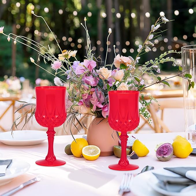 JLYLOL Plastic Vintage Wine Glasses 7OZ Plastic Goblets Vintage Drinking Glasses 48PCS Retro Wedding Glassware Water Goblets Reusable Drinking Cups for Party,Reception,Celebration,Bar,Whiskey(Red)