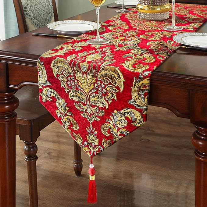 Exquisite Red Table Runner Large 108 inch Tassels Dazzling Vintage European Floral Chenille Fabric