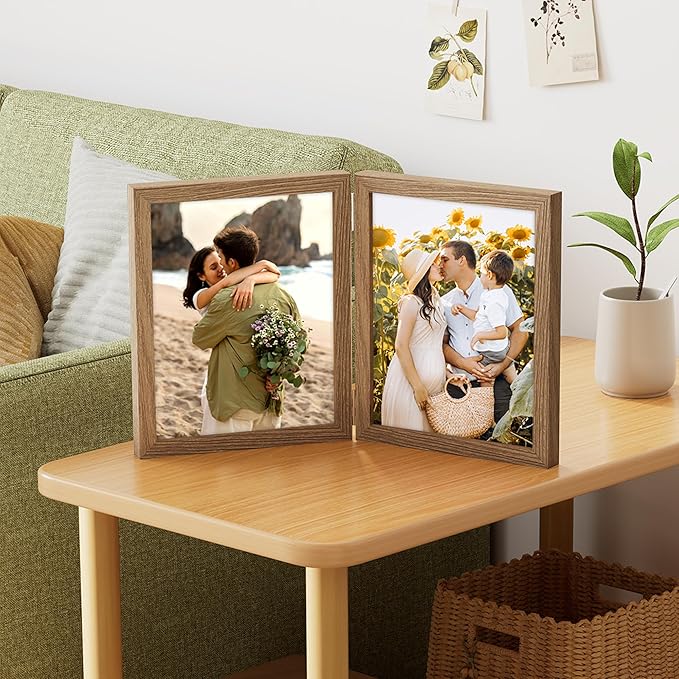 decorUhome Double 8x10 Picture Frame Vertical, Engineered Wood Bifold Photo Frame with Plexiglass for Tabletop Display, 8x10, Oak