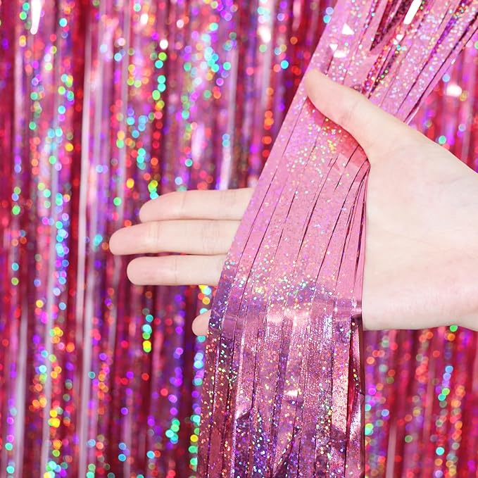 3 Pack 3.3 x 6.6 ft Pink Foil Fringe Backdrop Curtains, Tinsel Streamers Party Decorations, Fringe Backdrop for Birthday, Baby Shower, Gender Reveal, Graduation