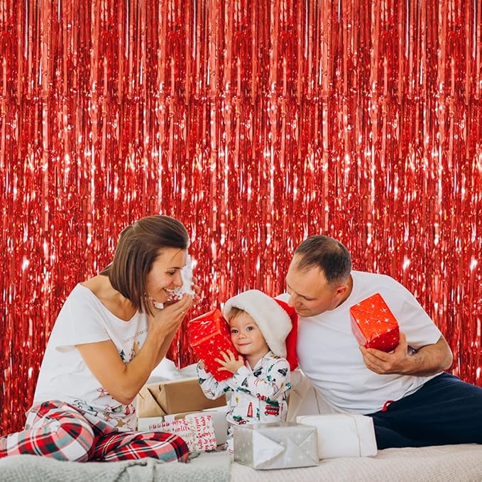 GOER 3.2 ft x 8.2 ft Metallic Tinsel Foil Fringe Curtains,Party Streamer Backdrop for Birthday,Graduation Decorations and New Year Eve (2 Packs,Red)