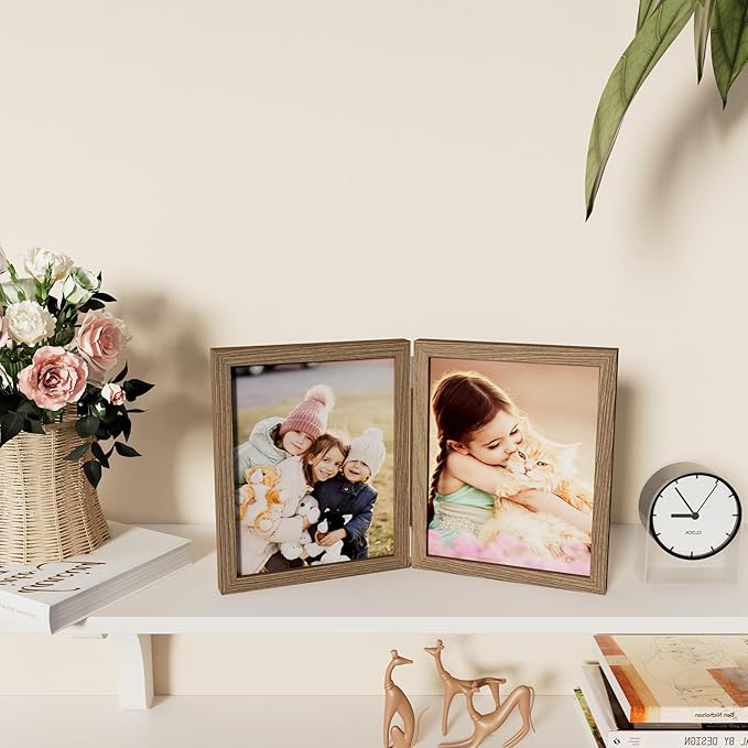 decorUhome Double 8x10 Picture Frame Vertical, Engineered Wood Bifold Photo Frame with Plexiglass for Tabletop Display, 8x10, Oak