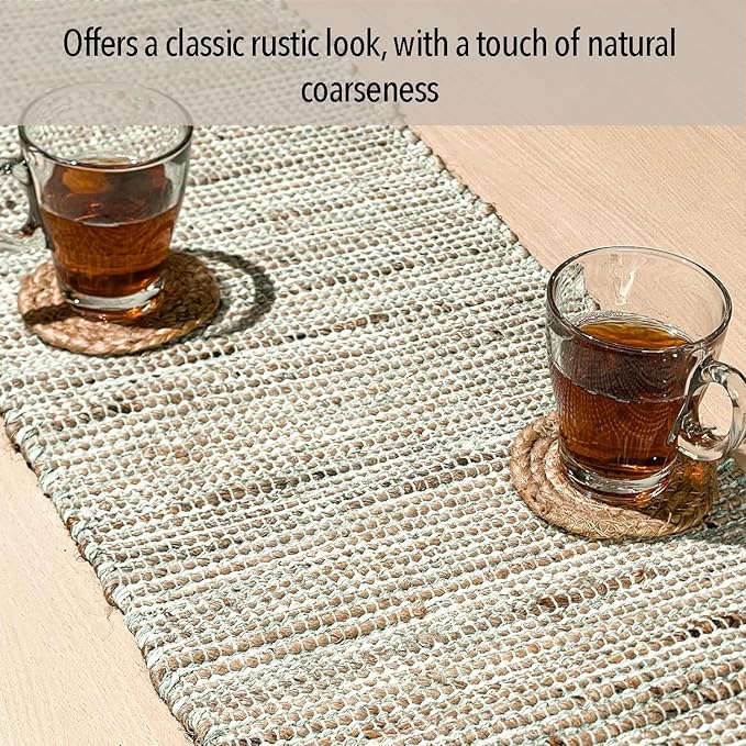 Chardin home Natural Jute Table Runner 13x72 Inch – Vintage Boho Rustic Table Decor – Handwoven Table Runner in Natural Jute and Sage Green-White – Farmhouse Dining or Console Table Accent