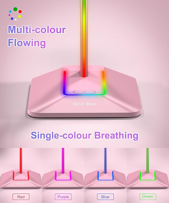 New bee RGB Headphone Stand with 1 USB-C Charging Port and 1 USB Charging Port, Desk Gaming Headset Stand with 7 Light Modes and Non-Slip Rubber Base Suitable for All Earphone Accessories (Pink)