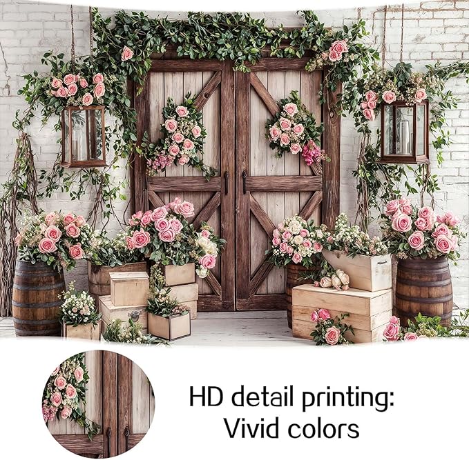 5x4ft Country Wedding Photography Backdrop Floral Rustic Roses Farmhouse Wooden Door Backdrop Pink Flower Birthday Baby Shower Wedding Bridal Party Banner Photo Booth Props Anniversary Background
