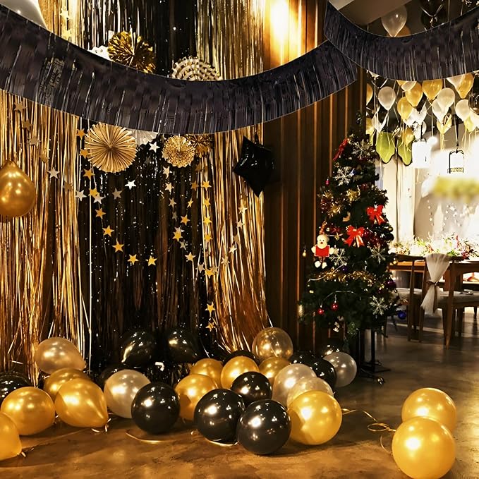 Black Foil Fringe Garland 10FT 6packs, Metallic Foil Tinsel Fringe Banners for Parade Float Decorations Wedding, Birthday Party Graduation (six Black)