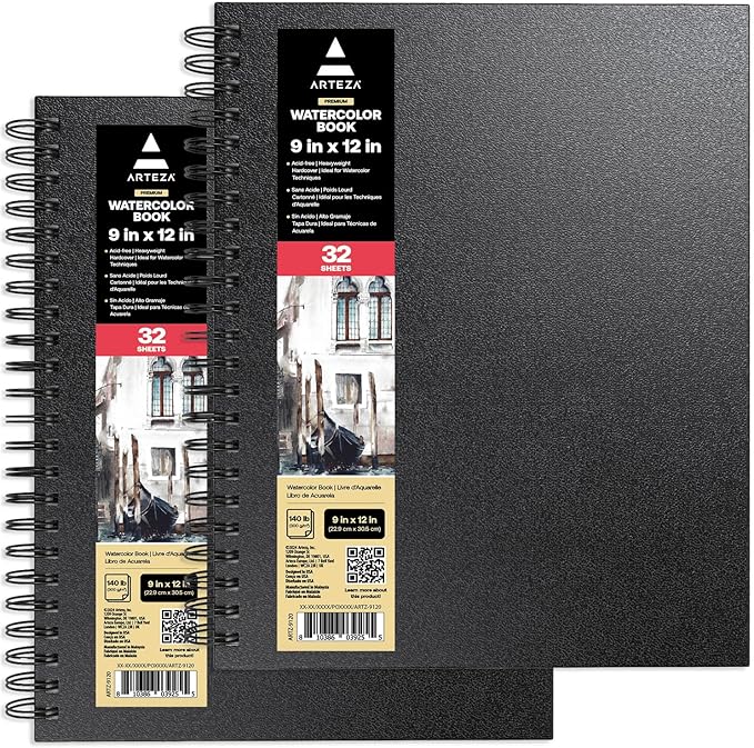 ARTEZA Watercolor Sketchbook 2-Pack, 64 Pages Each, 9x12 Inches – Spiral-Bound, 140 lb Cold Press Paper, Black Hardcover for Watercolor & Mixed Media