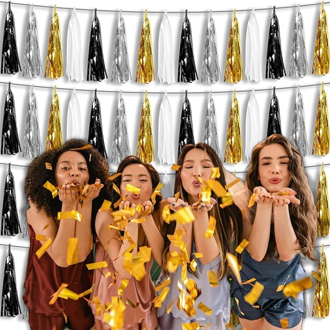 4P Black Gold Silver Foil Fringe Tassel Banner Garland Metallic Tinsel Streamers Wall Hanging Curtain Backdrop Banner for Parade Floats, 2024 Graduation Decorations, New Years Decorations, Father' Day