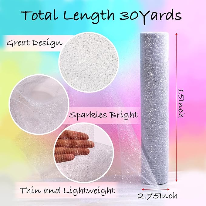 Sparkling Tulle Rolls, 15” by 30 Yards (90FT) Glitter Tulle Spool Ribbon Fabric for Wedding Birthday Bridal Shower Tutu Skirt Party Gift Wrapping (Sliver)