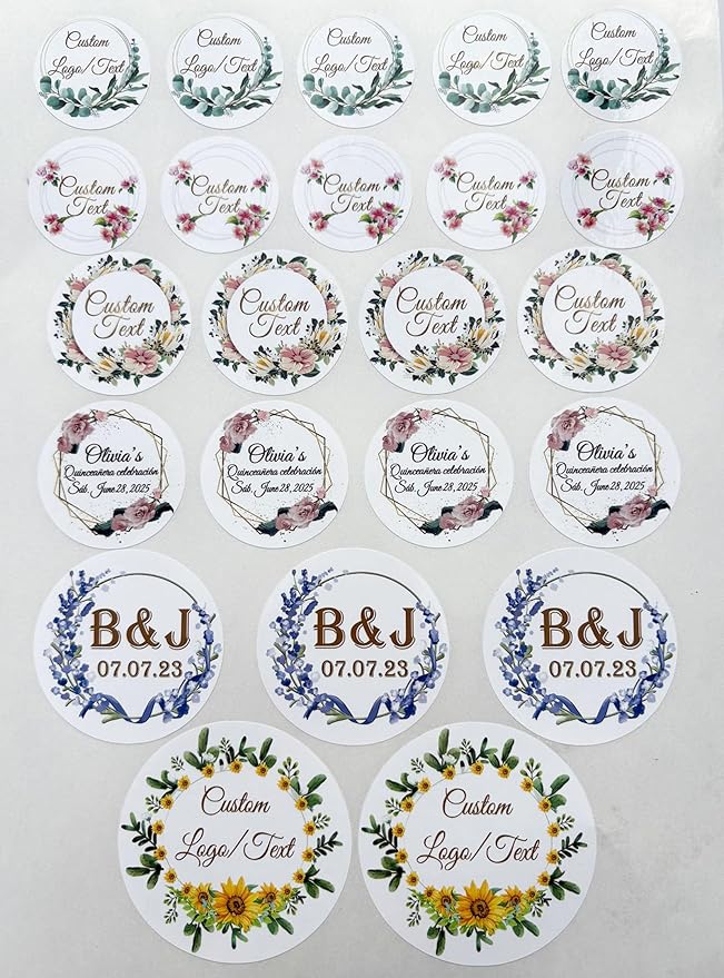 Custom Stickers for Weddings, Birthdays & Businesses - Personalized Labels with Your Logo - Waterproof, Fade and Heat Resistant - Pack of 100-1000 (Wreath L, 2.5 Inch)