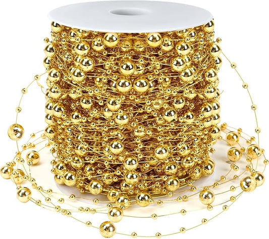 JULBEAR Beads Garland Decoration,1 Rolls 131 Feet Gold Christmas Pearl Strands Chain Bead Garland for Christmas Tree Fireplace Wreath Gift Bouquet Crafts Wrapping Wedding Party Centerpieces Decoration