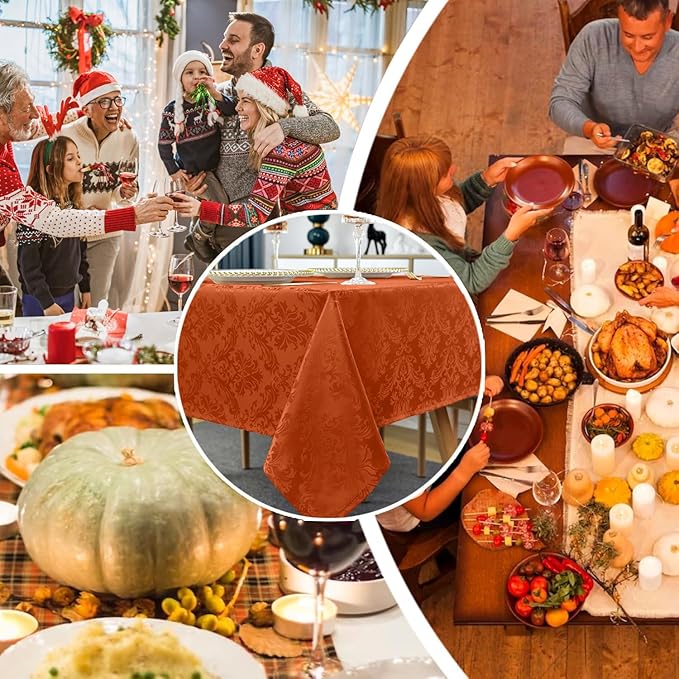 SASTYBALE Jacquard Rectangle Tablecloth, Rusty Spill-Proof Wrinkle Resistant Damask Table Cloth, Soft Polyester Oblong Table Cover for Kitchen Parties Thanksgiving - 60 x 84 Inch Rust