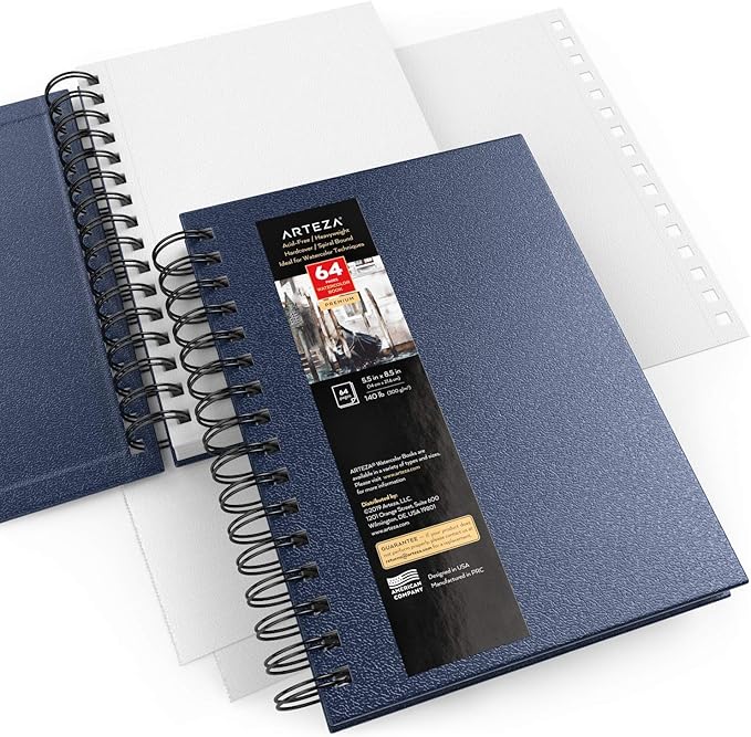 ARTEZA Watercolor Sketchbook Set,3-Pack,64 Pages per Book,5.5 x 8.5 Inches,Blue Hardcover Spiral Notebooks,140-Pound Premium Watercolor Paper for Artists
