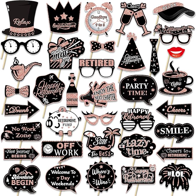Retirement Party Photo Booth Props Kit - 27pcs Paper Photo Props 1 Frame Glitter Retirement Party Decorations for Retiree Celebration, Farewell Office Party Supplies (Rose Golden and Black)
