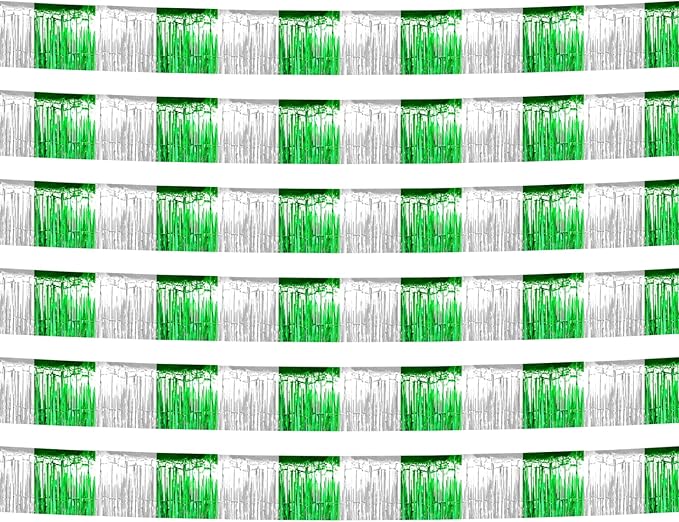 6 Pack 10 Feet Silver Green Foil Fringe Garland Metallic Tinsel Streamers Banner Wall Hanging Backdrop Banner for Parade Floats, Thanksgiving, Christmas, Birthday, Halloween Party Decorations