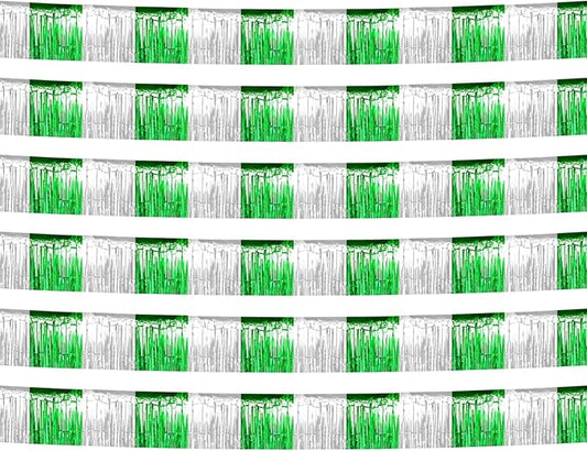 6 Pack 10 Feet Silver Green Foil Fringe Garland Metallic Tinsel Streamers Banner Wall Hanging Backdrop Banner for Parade Floats, Thanksgiving, Christmas, Birthday, Halloween Party Decorations