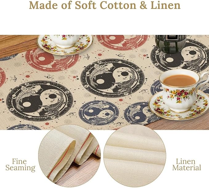 Yin Yang Table Runner, Vintage Mid Century Traditional Oriental Koi Fish Mystical Celestial Moon Stars Print Table Runner for Kitchen Dining Table Party Decor, 13x60inch