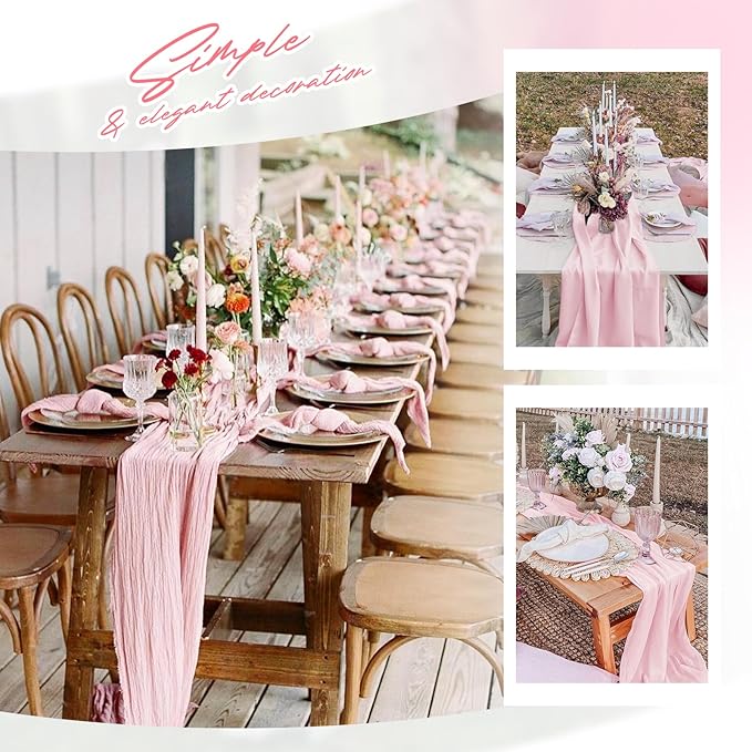 Aktor 4 Pack Pink Table Runner Boho Cheesecloth Table Runner Semi Sheer Gauze Fabric Runners for Wedding Birthday Baby Shower Party Boho Table Decoration（Pink）