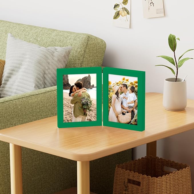 decorUhome Double 5x7 Picture Frame Vertical, Engineered Wood Bifold Photo Frame with Plexiglass for Tabletop Display, 5x7, Green