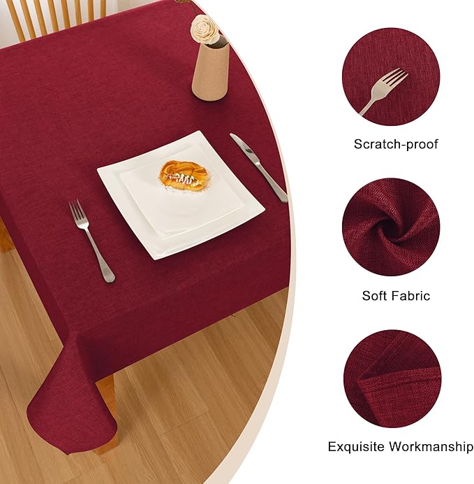 Hiasan Faux Linen Rectangle Tablecloth - Wrinkle and Stain Resistant Washable Table Cloth for Kitchen Dining Room Holiday Table Cover for Dinner, Red, 52 x 70 Inch