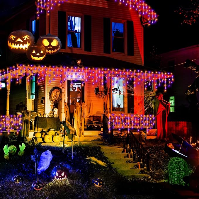 KNONEW Orange Purple Halloween Lights 33FT 400 LED String Lights Outdoor with 75 Drops, 8 Lighting Modes, Timer Memory Function Connectable Hanging Curtain Lights for Halloween Party Decor