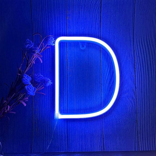 ENUOLI LED Blue Neon Letter Signs Night Light Battery or USB Operated LED Marquee Letters Neon Art Decorative Lights Wall Decor for Children Baby Room Christmas Wedding Party Decoration(D)