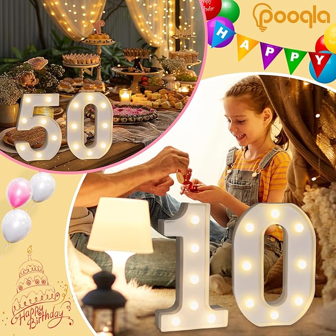 Pooqla Decorative LED Light Up Number Letters, White Plastic Marquee Number Lights Sign for 70th Birthday Party Wedding Decor, Battery Operated (70)